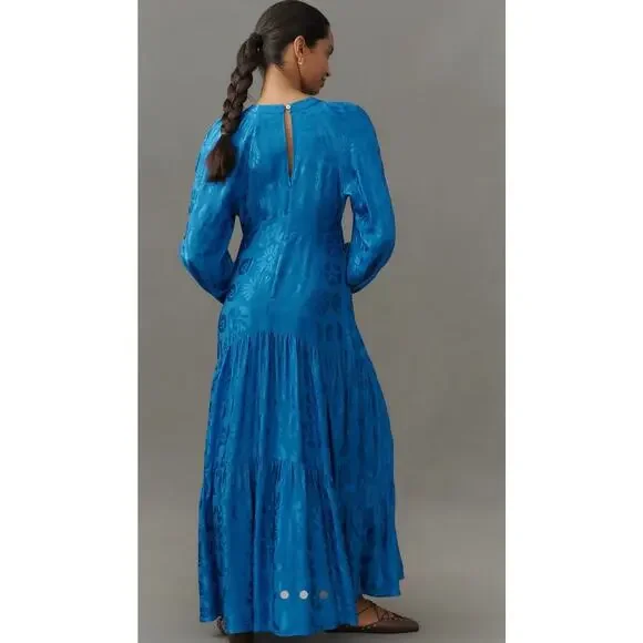 NWT FARM RIO Long-Sleeve Blue V-Neck Jacquard Maxi Dress Size Medium - Picture 3 of 3